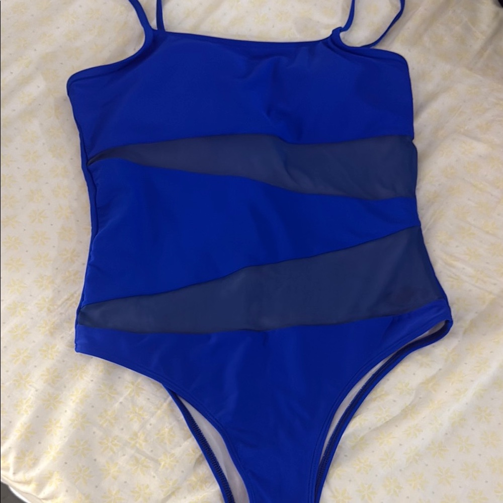 Blue One-Piece Swimsuit with Sheer Panels